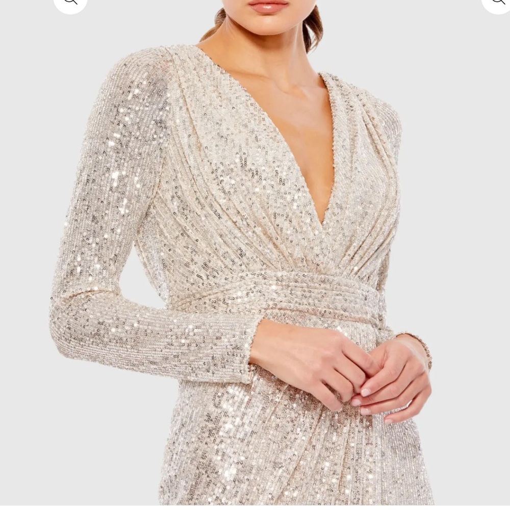 Long Sleeve Silver Sequin Wrap Gown with High Slit - Picture 2 of 8